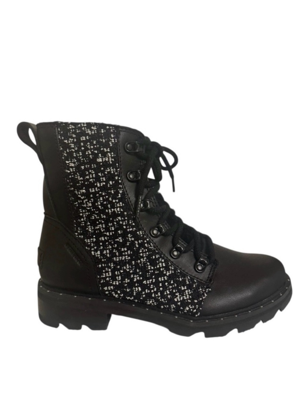 SOREL Lennox Black Leather Tweed Panel Lace-Up Combat Lug Sole Boots